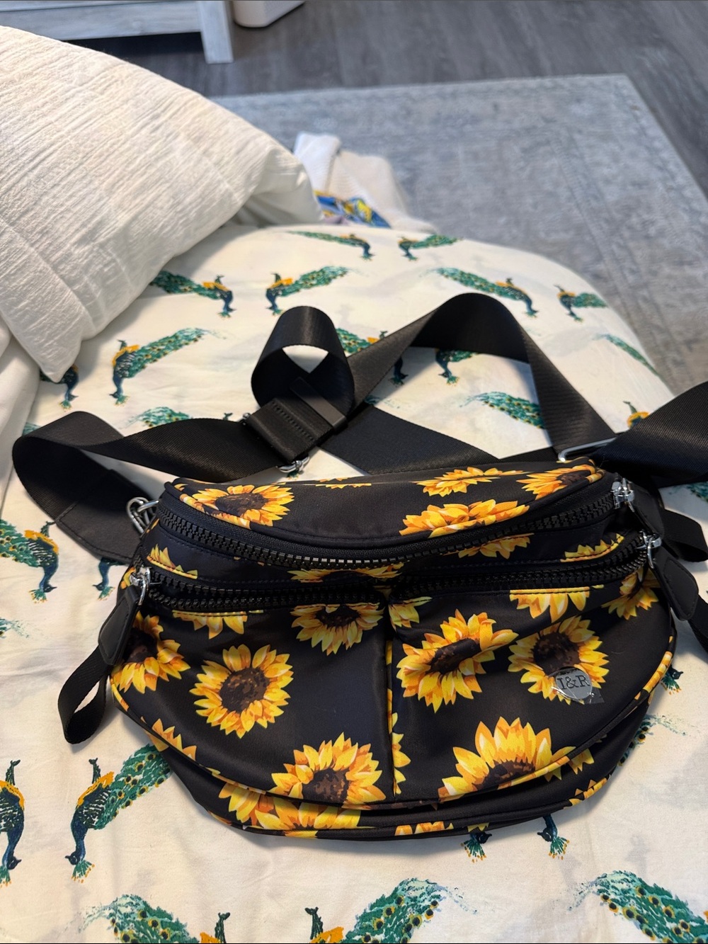 Black Sunflower Crossbody Bag with Dual Zippers